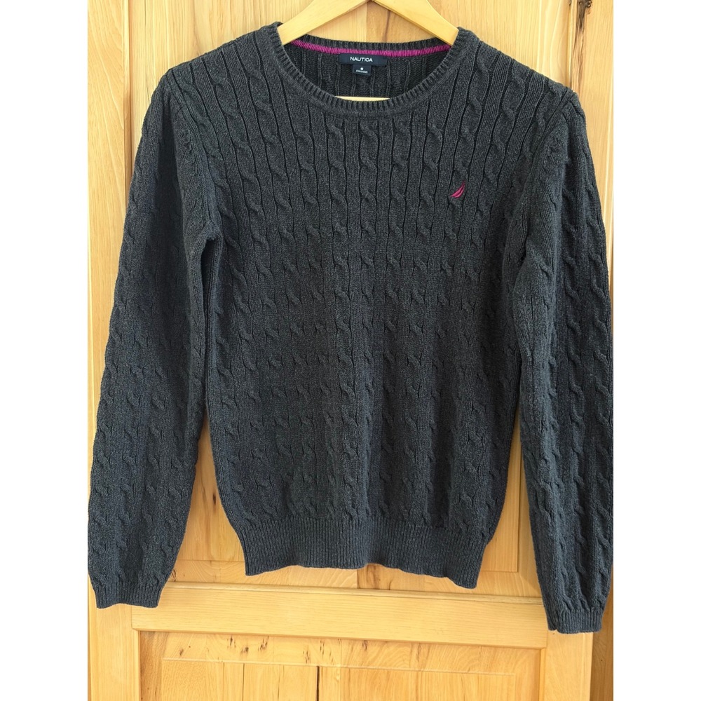 Nautica Women's Cable Knit Sweater Gray Cotton Crewneck Pink Logo Small